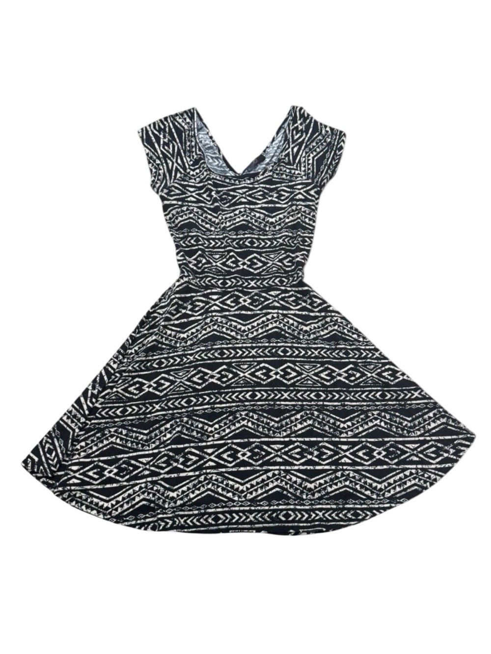 Women’s Q Black Cream Tribal Print Fit & Flare Dress Cotton Spandex Y2K